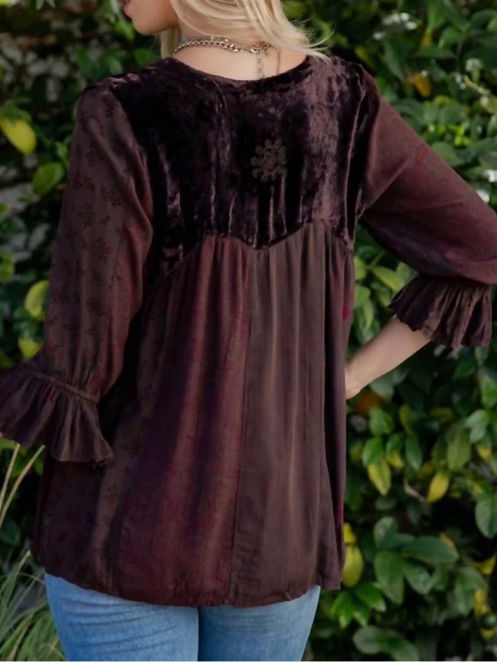 Young Threads Burgundy Velvet Embroidered Patchwork Tunic - Picture 4 of 10